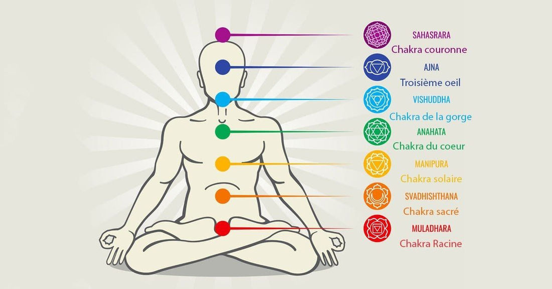 Schéma des sept chakras positionnés le long du corps humain